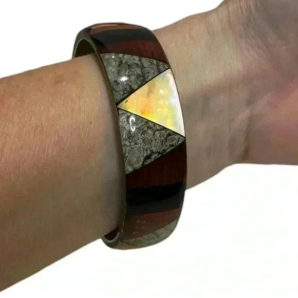 Vintage Inlay Bangle Bracelet Mother of Pearl - Picture 5 of 8